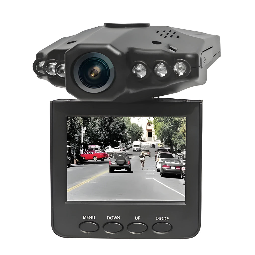 H198 black car DVR dash camera with 2.4-inch screen for HD and night vision recording.
