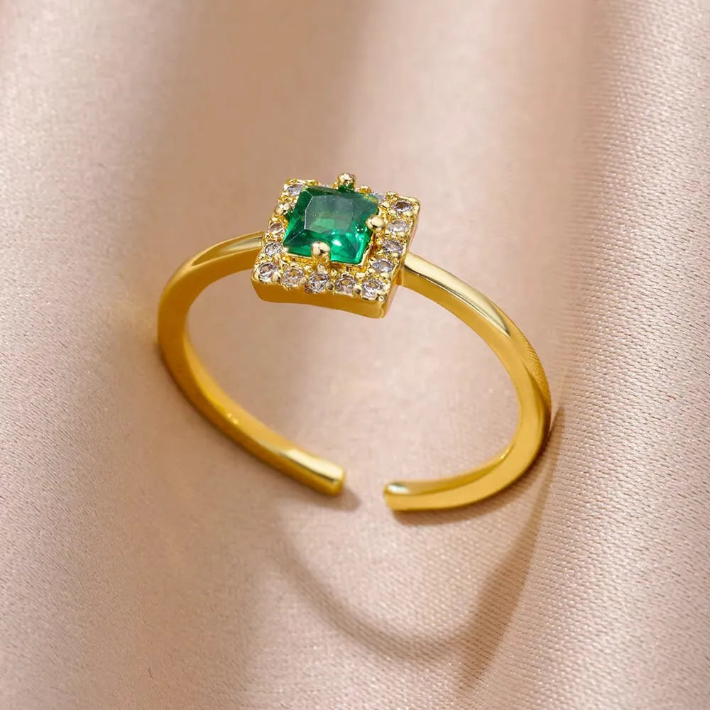 Adjustable 18K gold plated love emerald ring with synthetic zircon for women, open mouth copper design