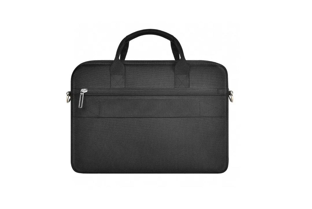 Black Oxford cloth laptop bag showing multiple interior organisational pockets and a security lock.