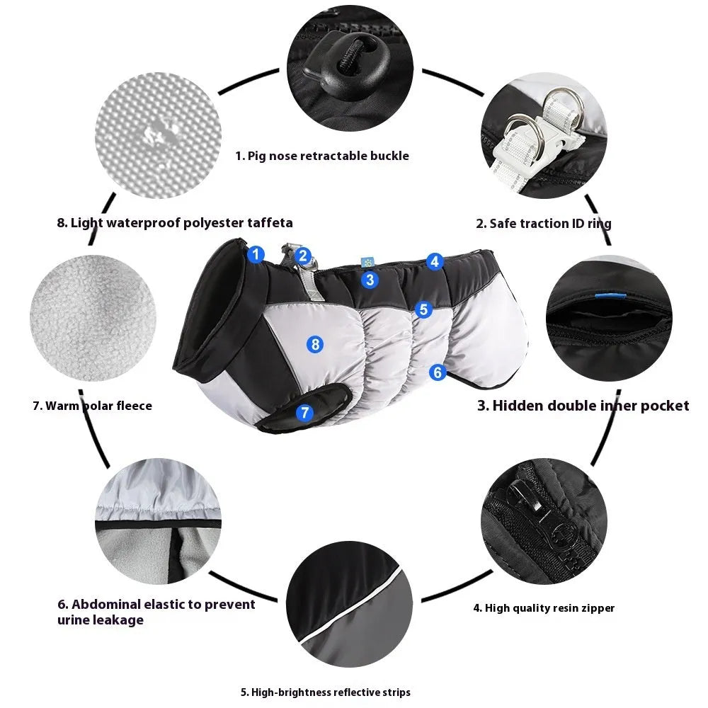 Waterproof reflective dog coat in polar fleece for big dogs in sizes XL to 6XL