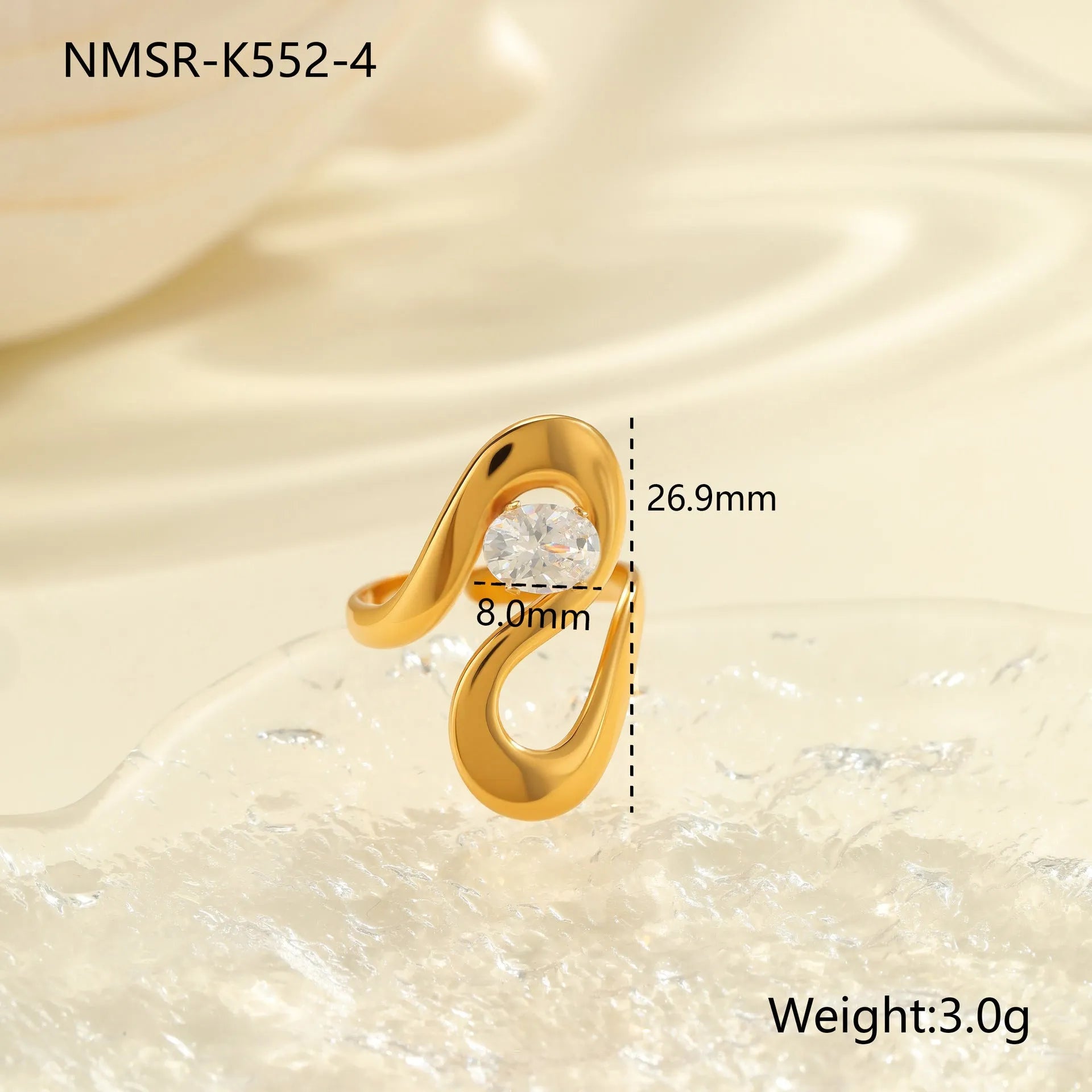 Geometric stainless steel open-mouth zircon ring for women in a silver tone.