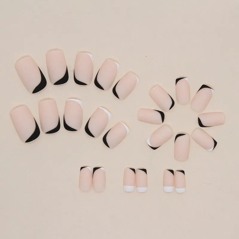 W644 black and white frosted French manicure artificial nail set