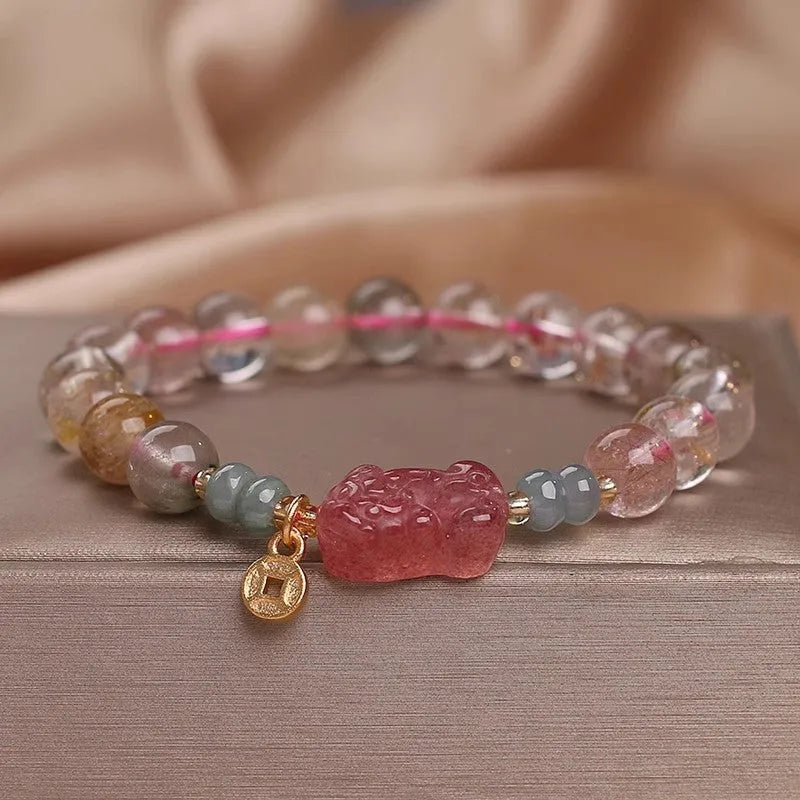 Coloured hair crystal bracelet with single circle design and chosen charm: cat's paw, purse, flower, or zircon butterfly