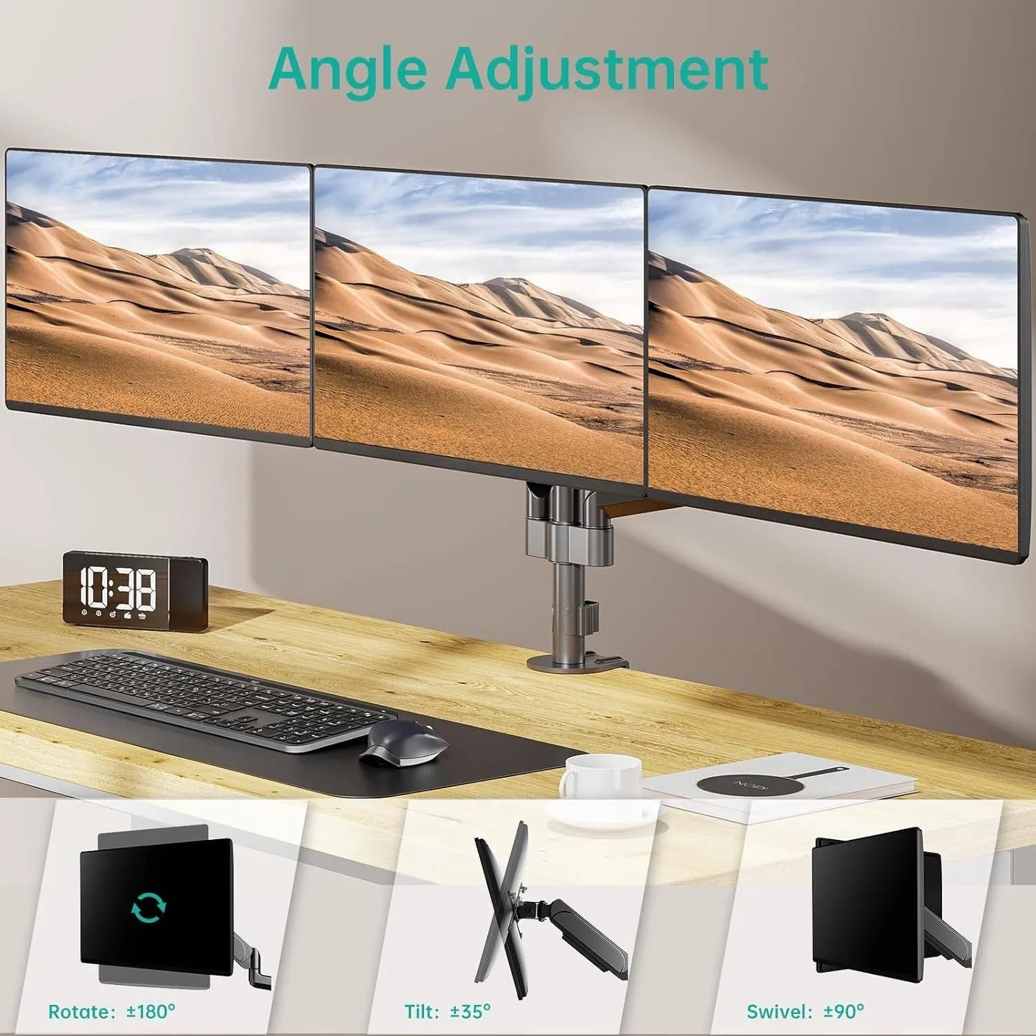 Black triple monitor gas spring arm for 13-27 inch screens with aluminium alloy construction