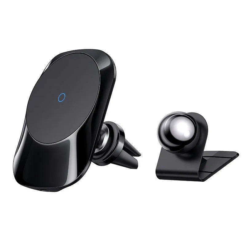 Black magnetic car wireless charger with air vent and dashboard mounting bases