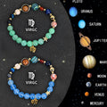Two beaded bracelets with natural stone and zodiac charm beads on an adjustable cord.