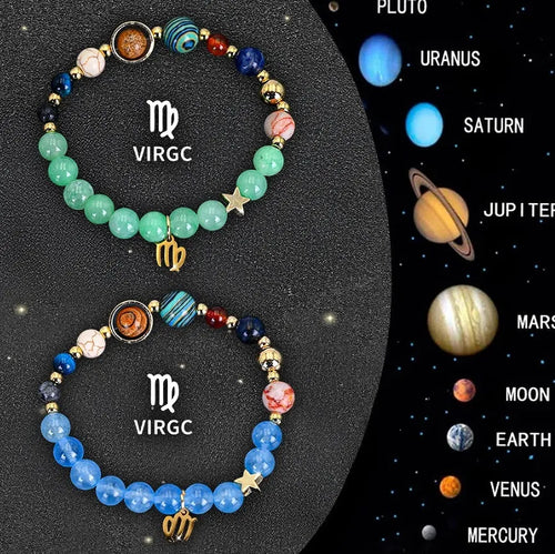 Two beaded bracelets with natural stone and zodiac charm beads on an adjustable cord.