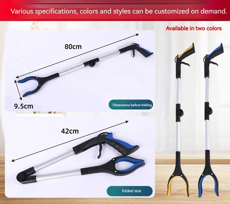 Folding aluminium alloy trash clamp with magnet sucker, shown extended to 80cm and collapsed to 42cm