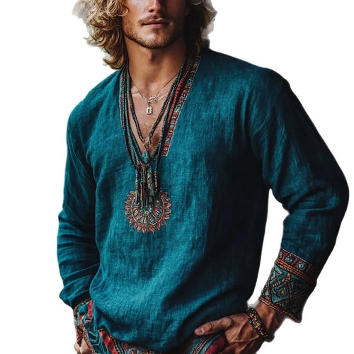 Boho style vintage printed long sleeve casual top in polyester fabric on a model.