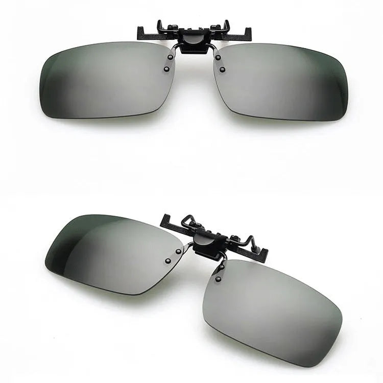 Plastic clip-on sunglasses overlay for prescription glasses, shown in large size with grey tinted lens.