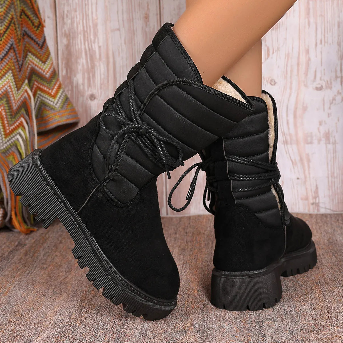Women's black chunky heel snow boots with lace-up design and fleece lining on a high-top suede upper.