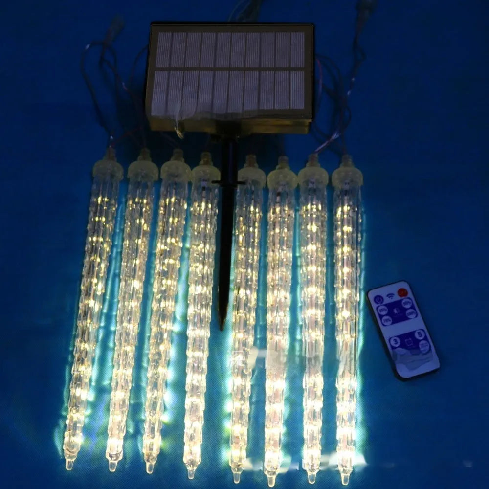 Solar-powered ice cone shaped meteor shower LED decorative lights with flower-shaped plastic construction