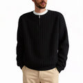 Grey men's loose fit half zip pullover sweater with textured knit and long sleeves.