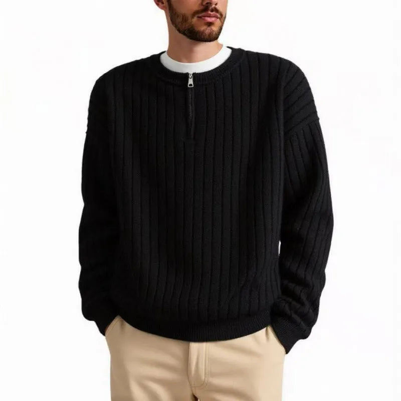 Grey men's loose fit half zip pullover sweater with textured knit and long sleeves.