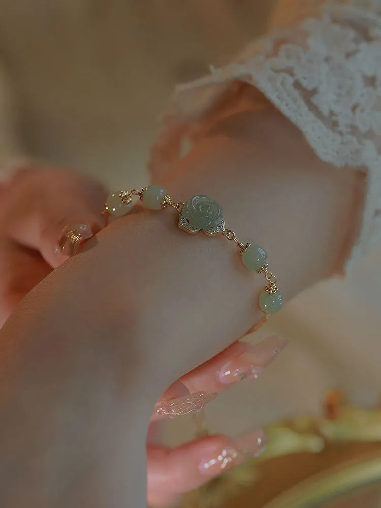 Original design Hetian Jade Rose colour jade bracelet with floral shape, rose motif, and 14K gilded accents for women.