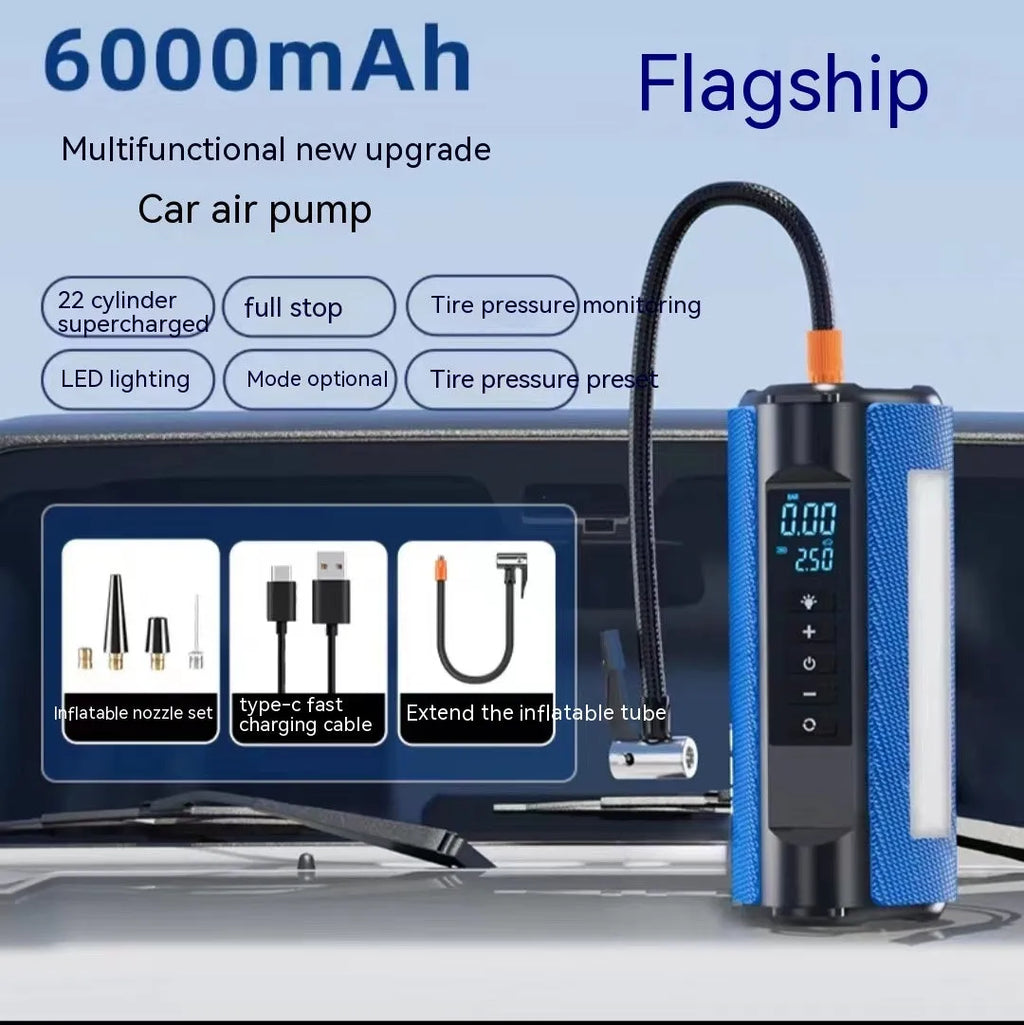 TS01 portable car tyre inflator with digital display, adapter nozzles and USB charging port