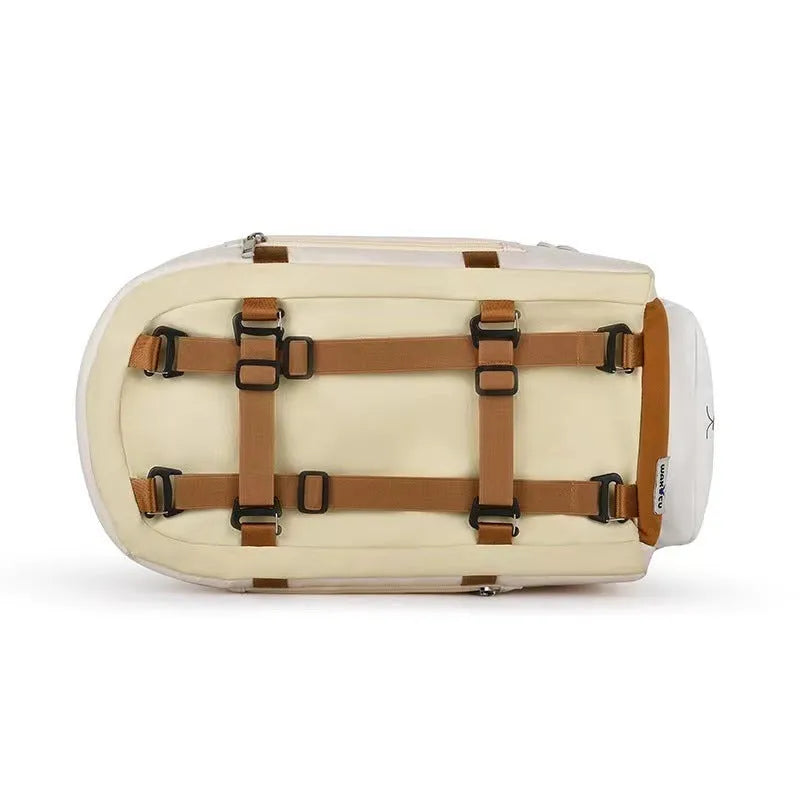 Beige hard-shell cat carrier with one shoulder strap showing EPE padding construction