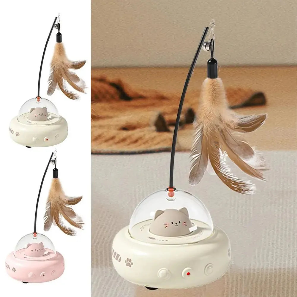Electric interactive cat toy with feather teaser, 360 red light beam, ABS body and TPR wheels, in pink colour