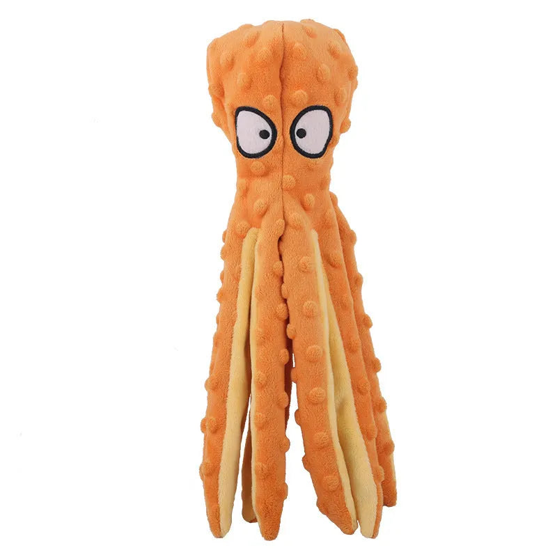 Blue unfilled octopus plush dog toy with crinkle and squeaker, shown next to a tape measure indicating its 32cm length.