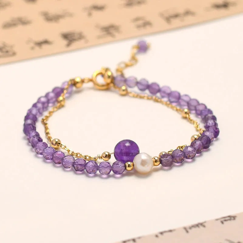 Chinese style women's bracelet with diamond-shaped amethyst crystal beads and electroplated metal clasp