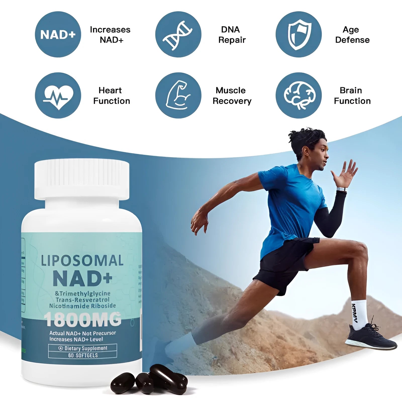 Bottle of nicotinamide mononucleotide gel capsules showing 60 or 120 count option.