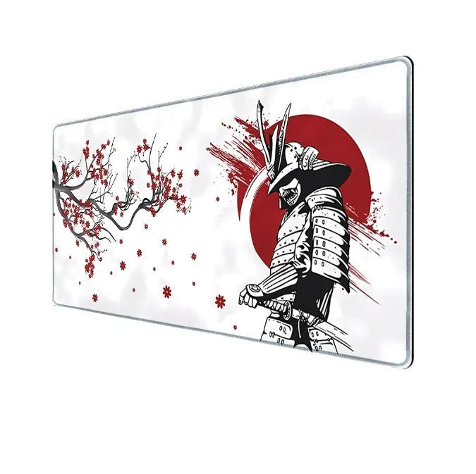 Japanese samurai pattern gaming mouse pad on desk with computer mouse