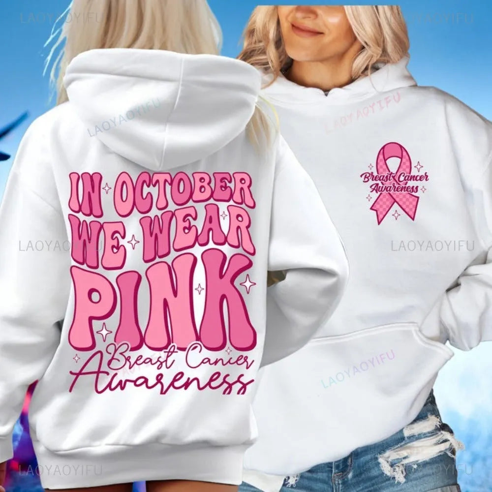 Pink Breast Cancer Awareness hoodie with retro design and side pocket