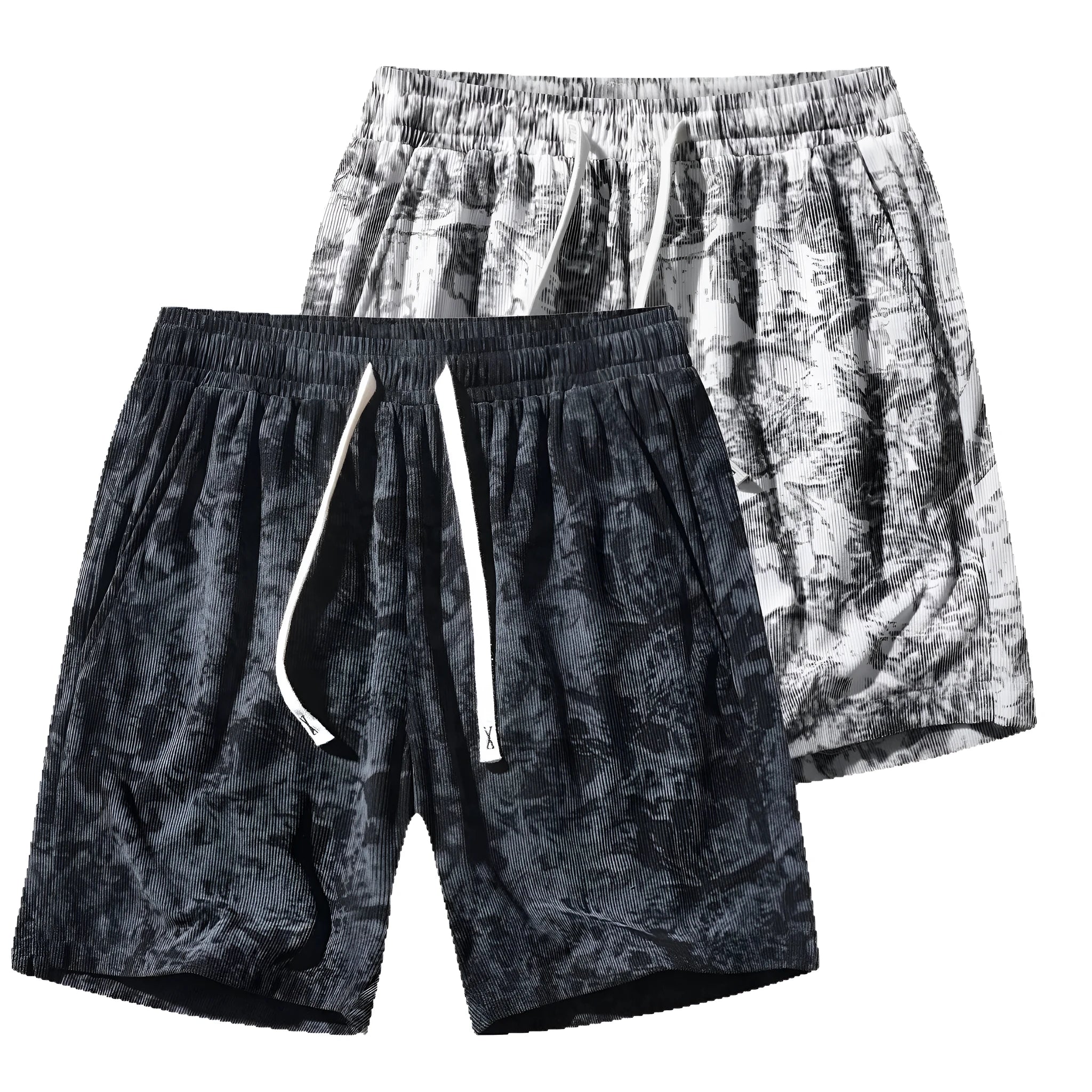 Men's camouflage pattern corduroy athletic shorts with a high waist on a neutral background.