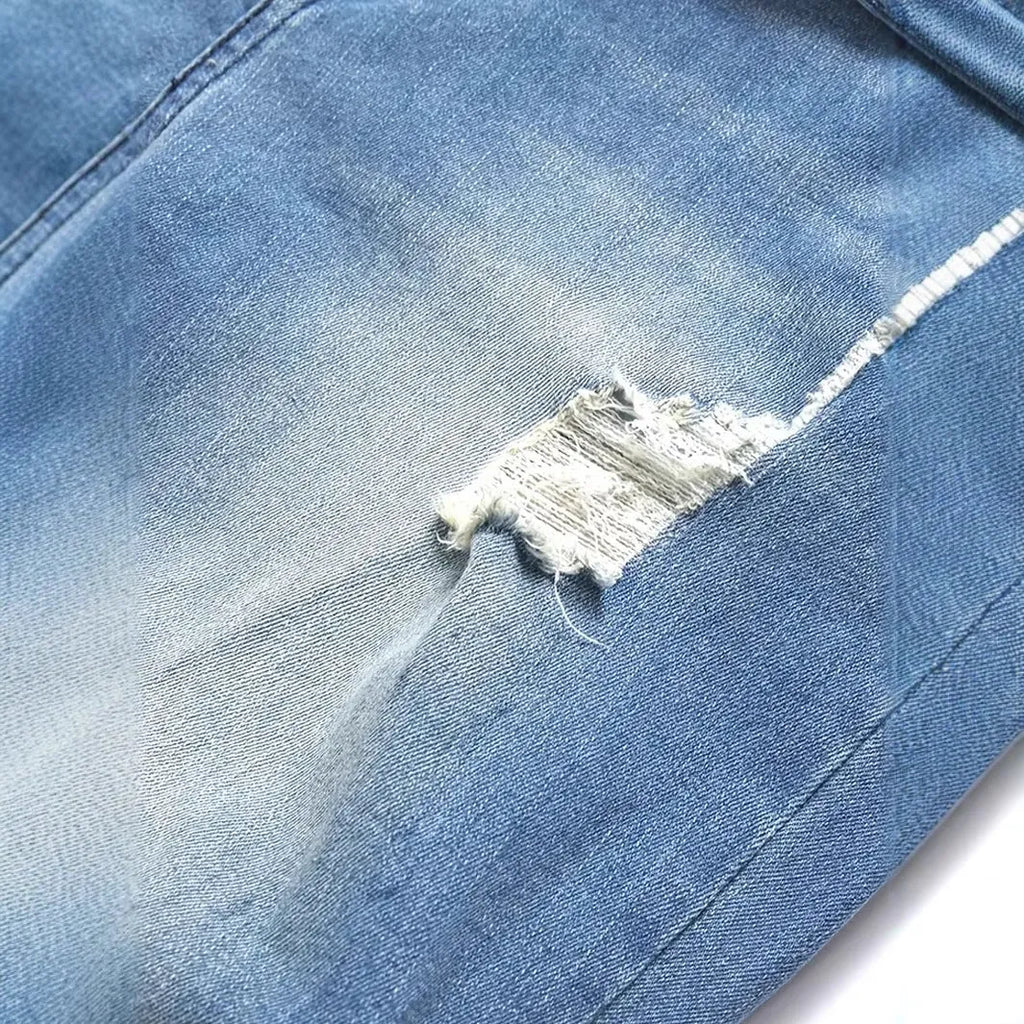 Men's ripped straight leg jeans in peacock blue cotton with street style detailing