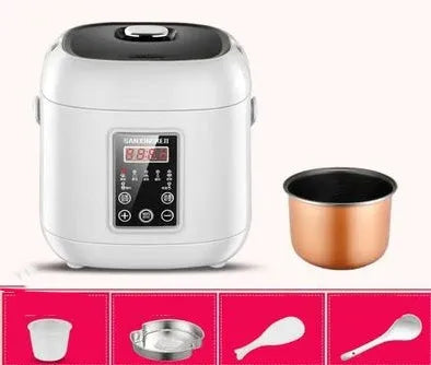 Small round blue and black miniature automatic rice cooker with steam pan on a kitchen counter.