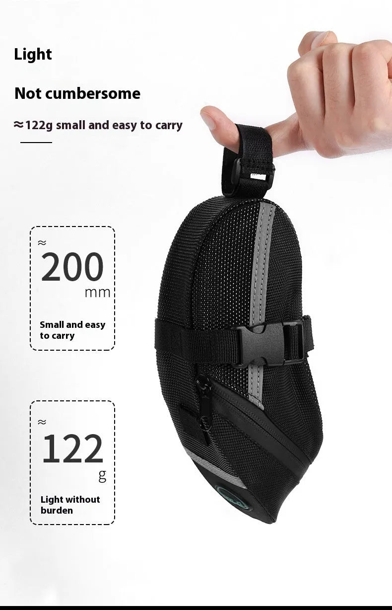 Black quick release bicycle saddle bag mounted under bike seat with tool capacity dimensions 20x8x6cm