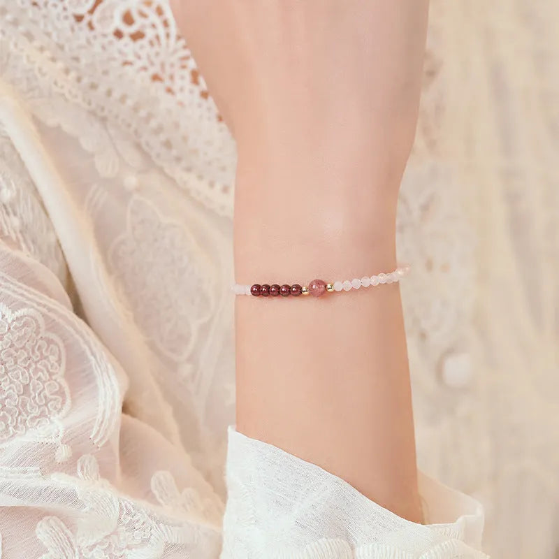 Handmade pink strawberry quartz crystal bracelet with animal zodiac charm