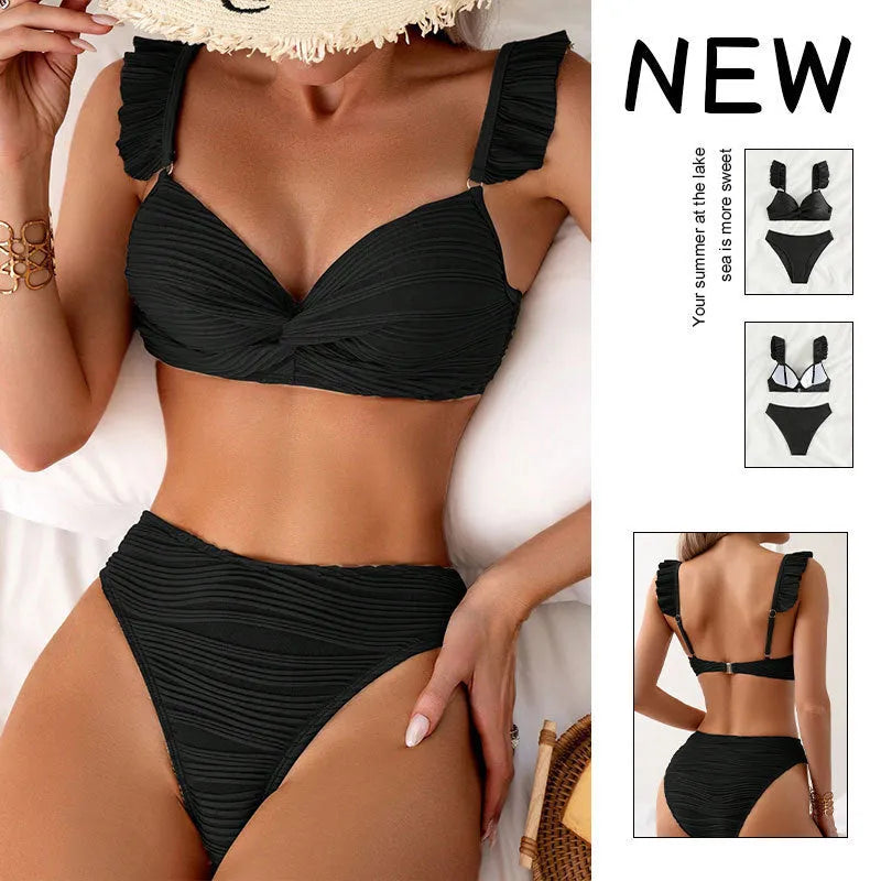 Solid colour women's bikini swimsuit set in black or khaki on a mannequin