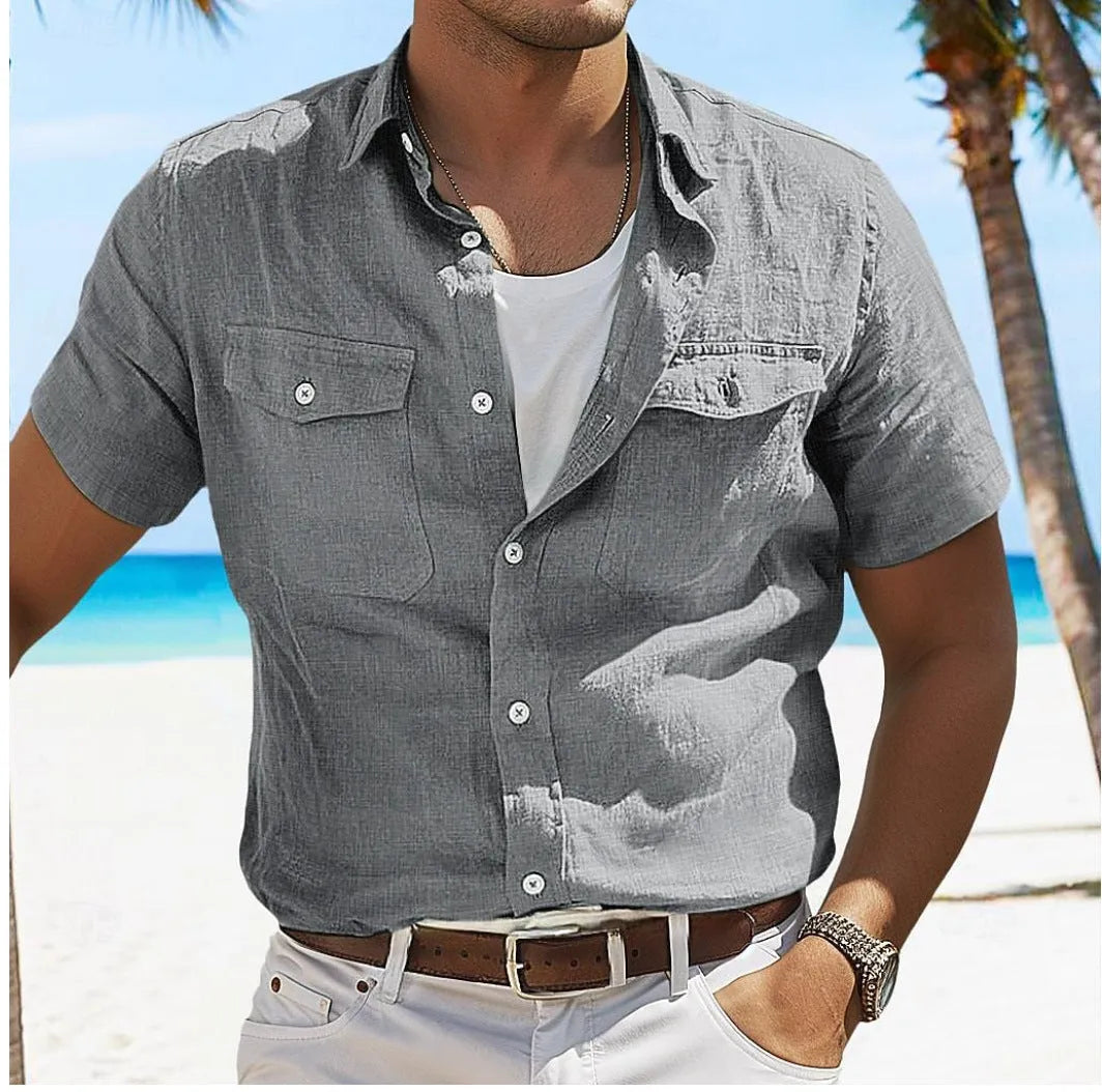 Men's loose cotton cardigan shirt with polo collar and long sleeves in solid colour