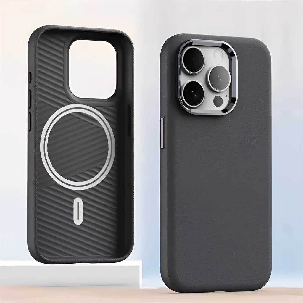 Plain leather magnetic phone case in black suitable for iPhone 12 to 15 series
