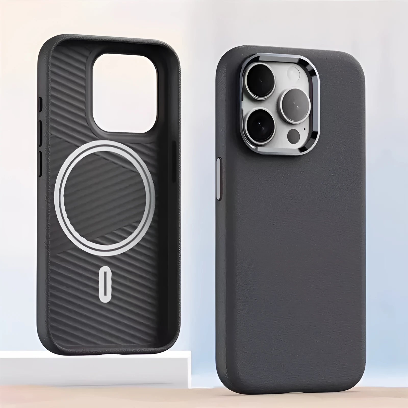 Plain leather magnetic phone case in black suitable for iPhone 12 to 15 series