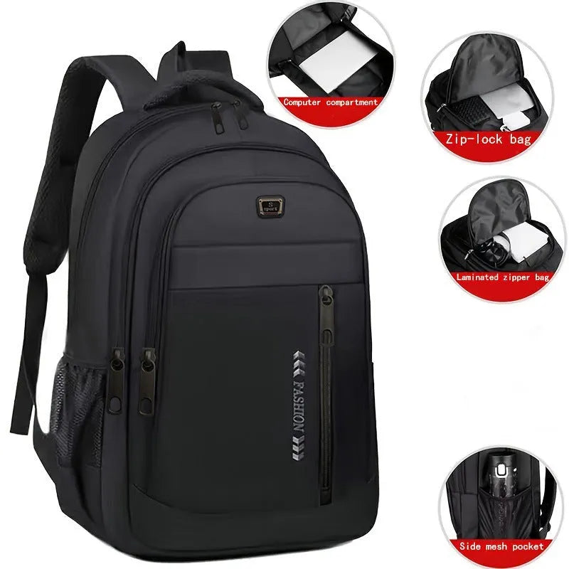 Commuter large capacity lightweight waterproof Oxford cloth backpack with air pillow belt in black