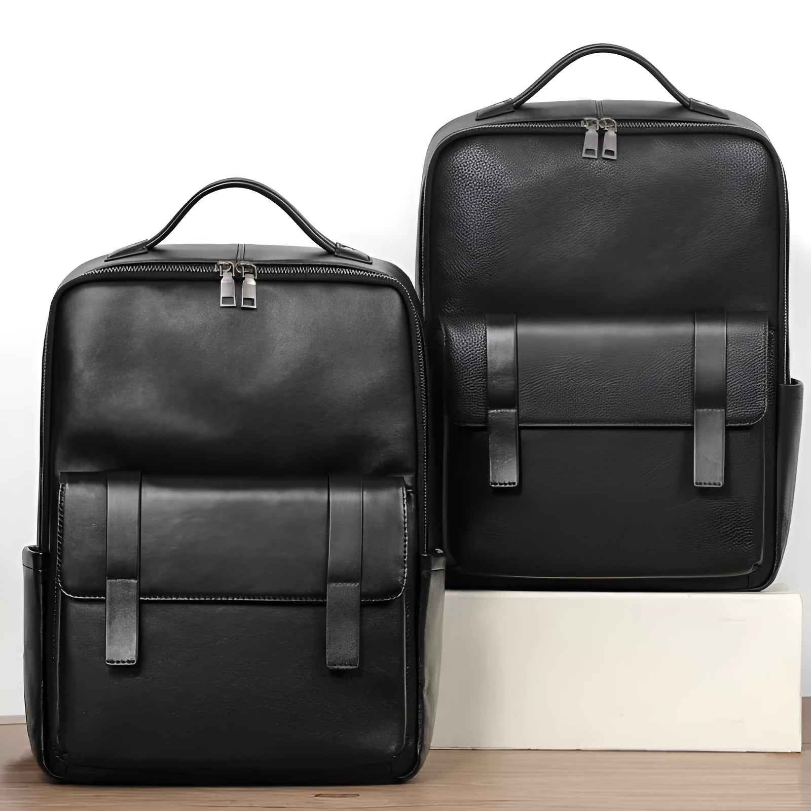 Men's large capacity leather computer backpack with 36-55L storage in black