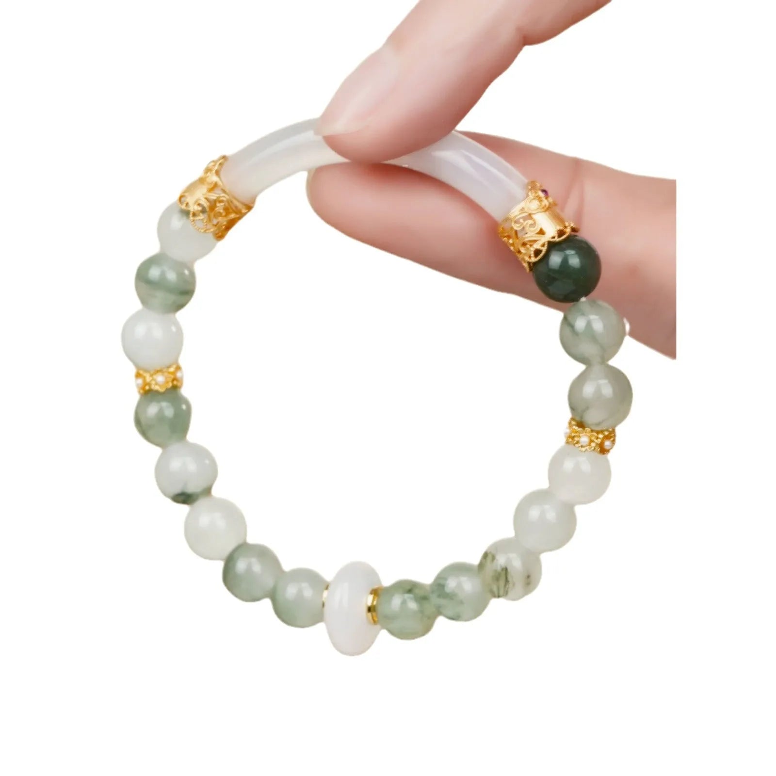 Emerald green Tian Shan Cui women's bracelet with floating flower girl design and round elements