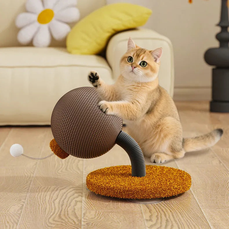 Tumbler-style cat scratch board with woven hemp rope surface and an integrated cat grasping ball toy.