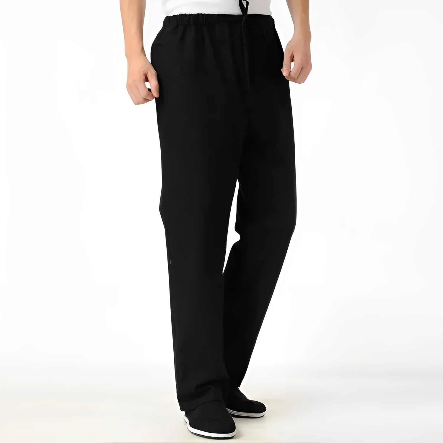 Men's beige pure cotton casual trousers with drawstring waist and belt on a neutral background.