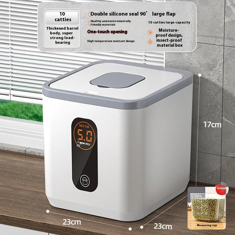 Grey plastic sealed rice storage jar with a measuring cup, shown in different capacity sizes.