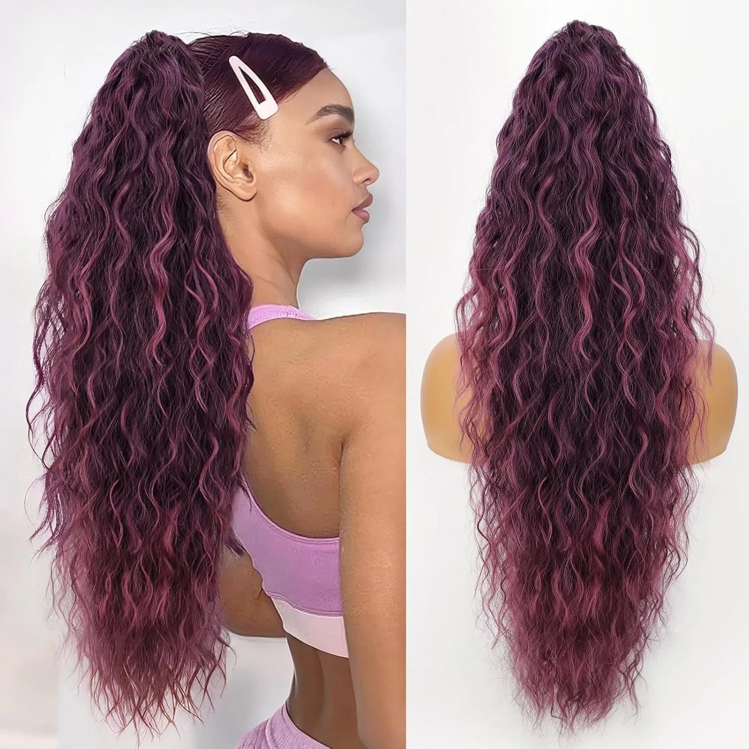 Long 30-inch curly ponytail wig in high temperature fibre for costume and cosplay.