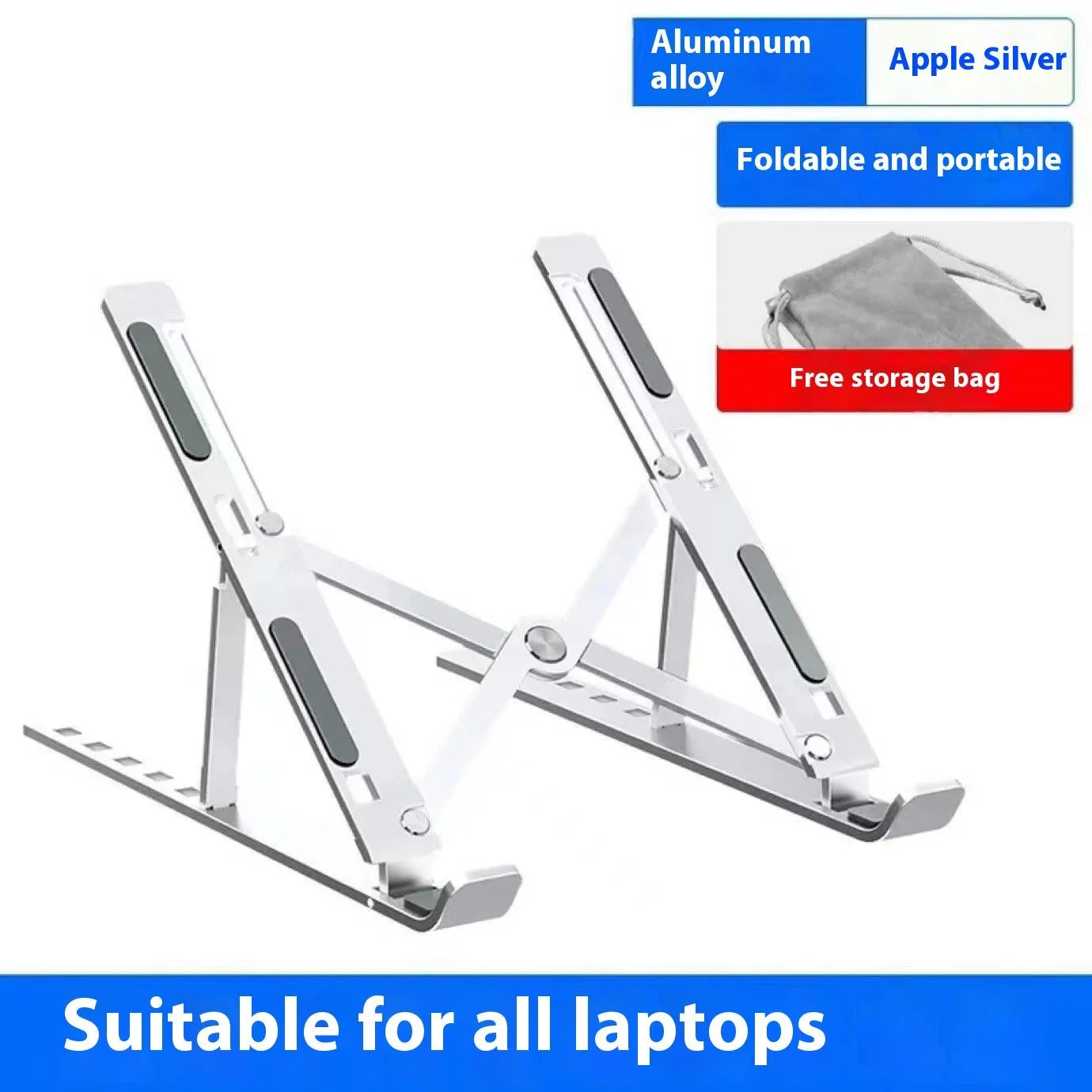 Silver aluminium alloy folding laptop stand for 16-18 inch devices with cloth carry bag