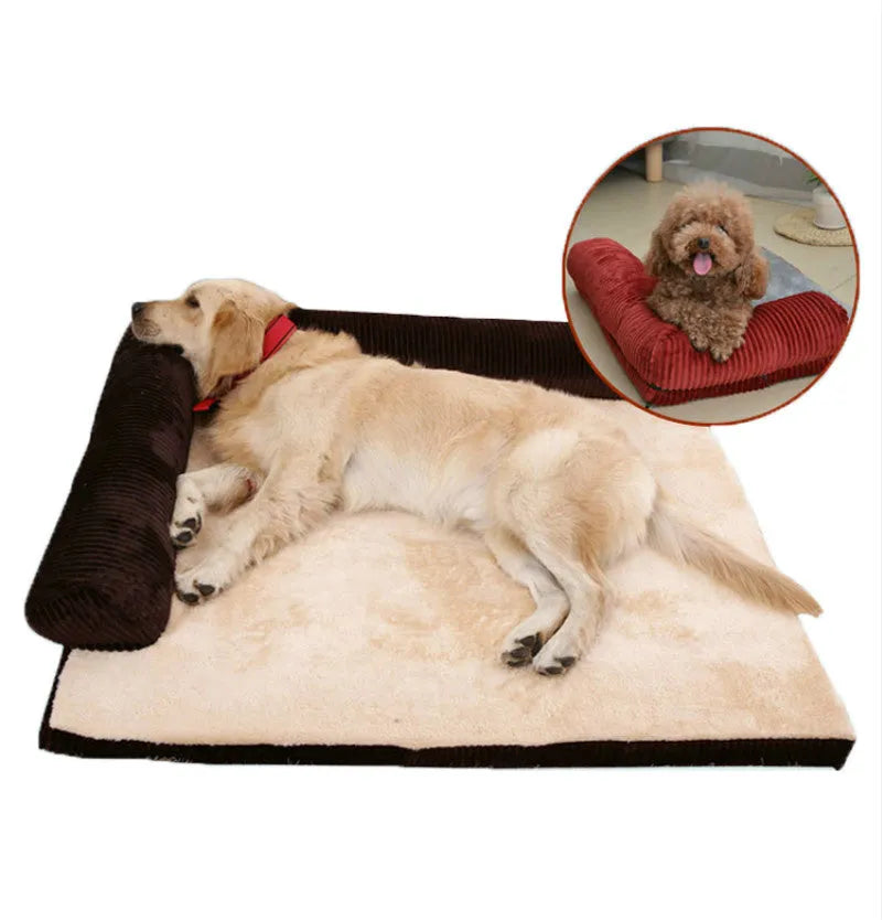 Corduroy bolster dog bed with high-density sponge filling and non-slip base in grey colour