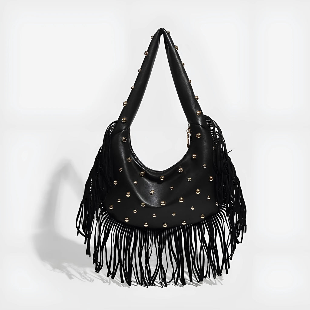 Retro black shoulder handbag with a gold tassel detail and structured shape.