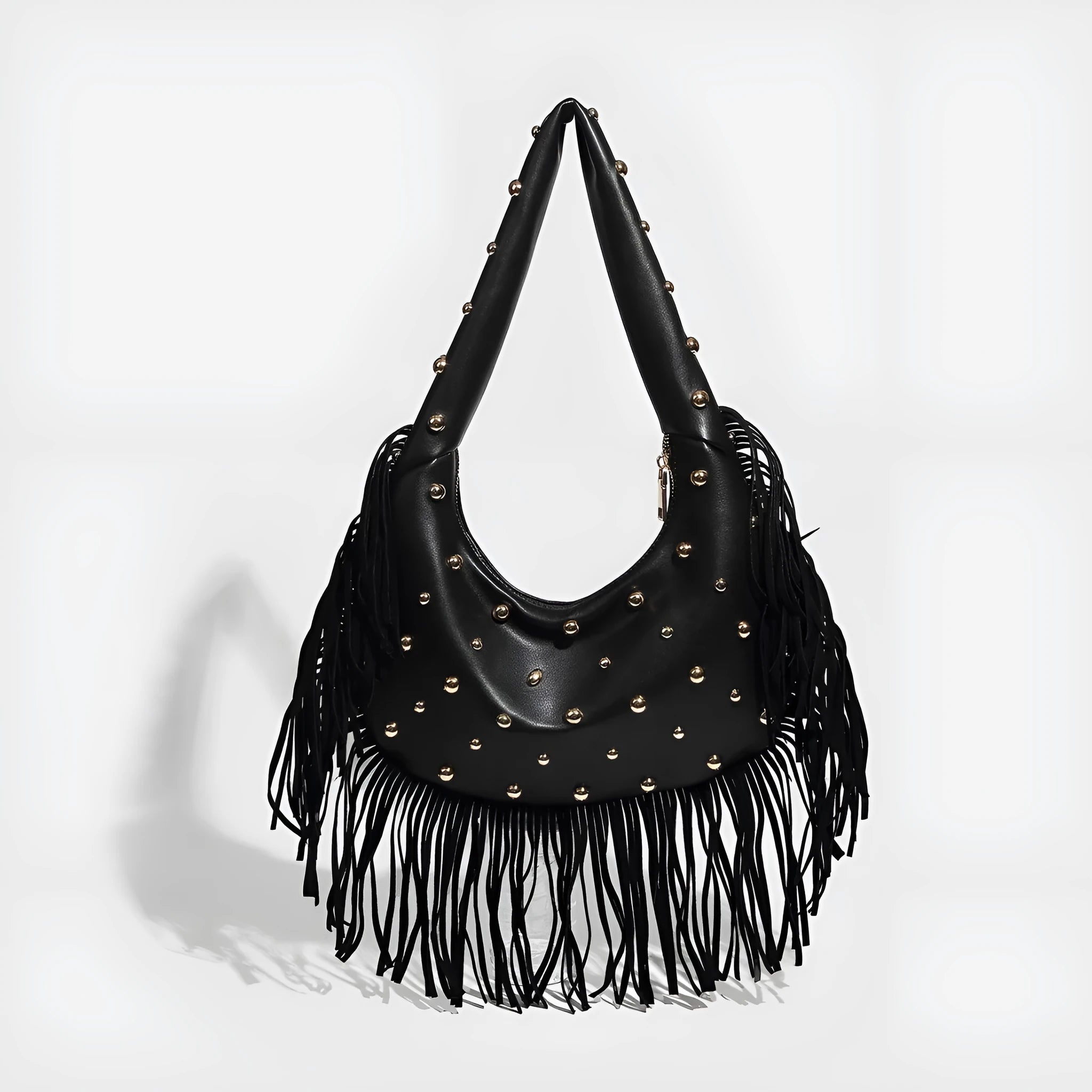 Retro black shoulder handbag with a gold tassel detail and structured shape.