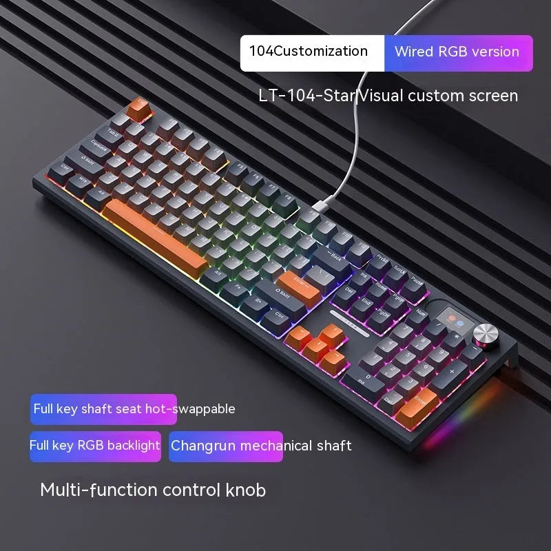 Full-size three-mode mechanical keyboard with ABS casing and Type-C cable on desk