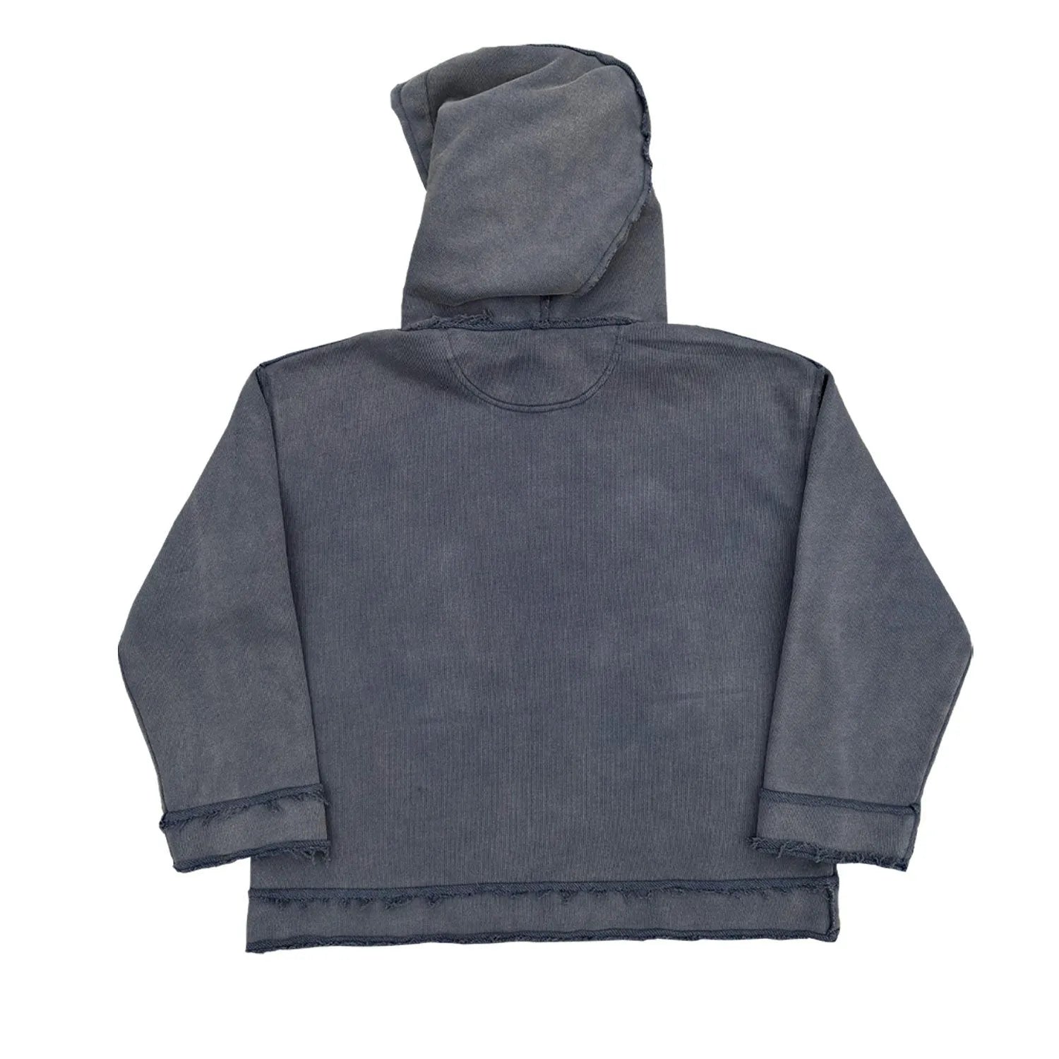Reverse dark blue hoodie sweater on a model, showing knitted texture and hood.