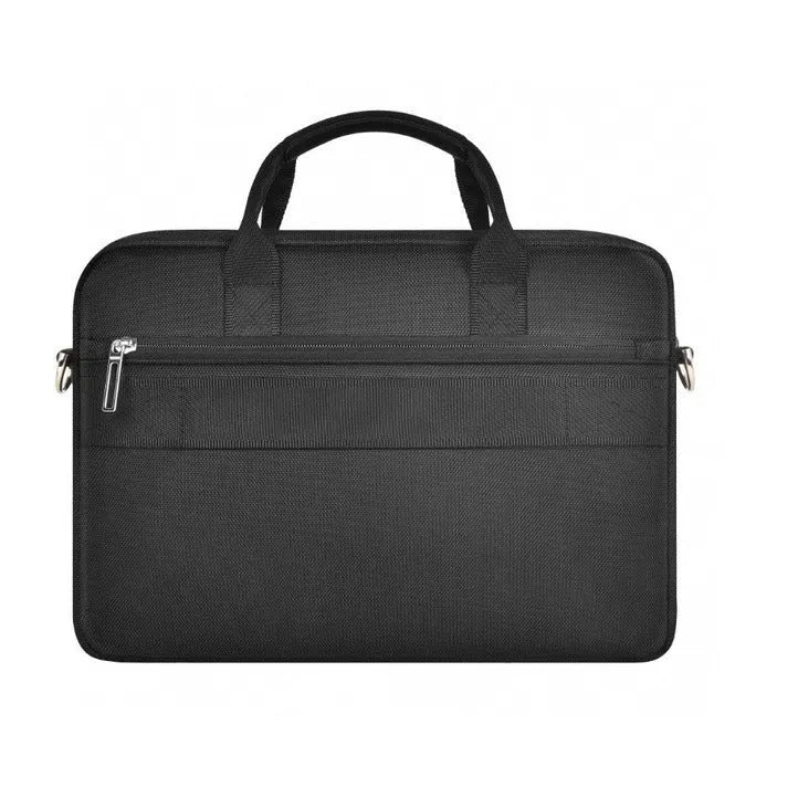 Black Oxford cloth laptop bag showing multiple interior organisational pockets and a security lock.